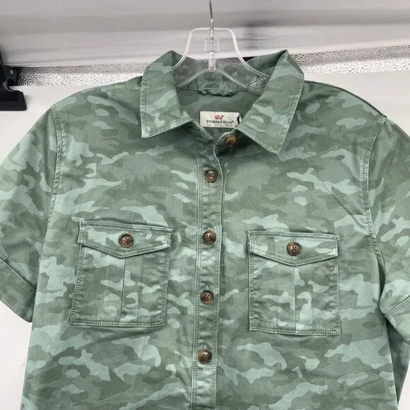 Vineyard Vines Womens Camouflage Shirt Dress Short Sleeve Green Size 6 New - Picture 2 of 9